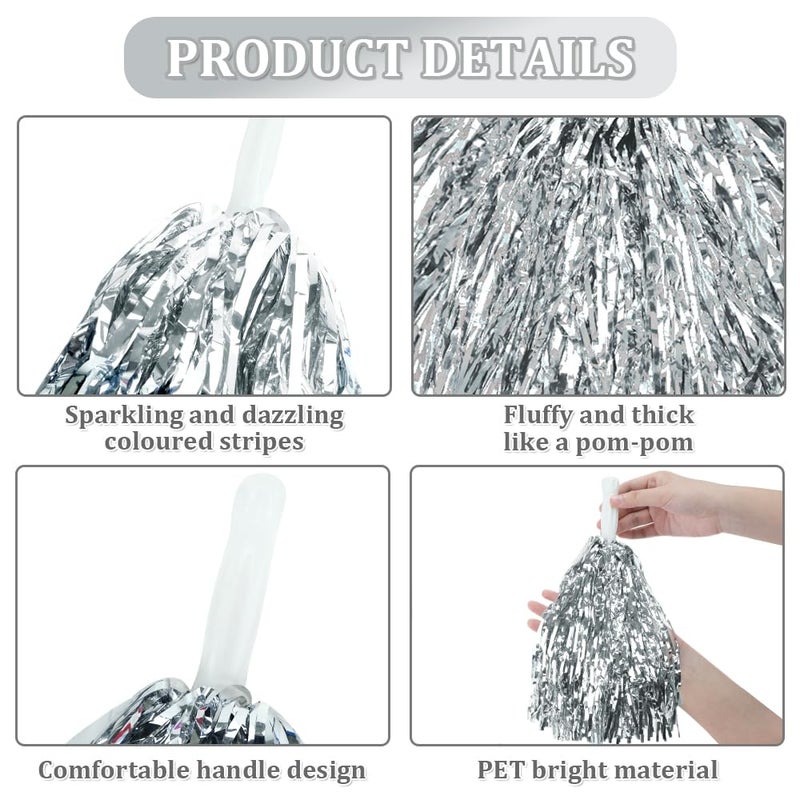 CUGBO 24Pcs Cheerleading Pom Poms, 1 Dozen Handle Metallic Foil Flower Ribbons Cheerleader Pompoms, Kids Children Ball Dance Sports Coaches Game Party Fancy (Silver) - Image 3